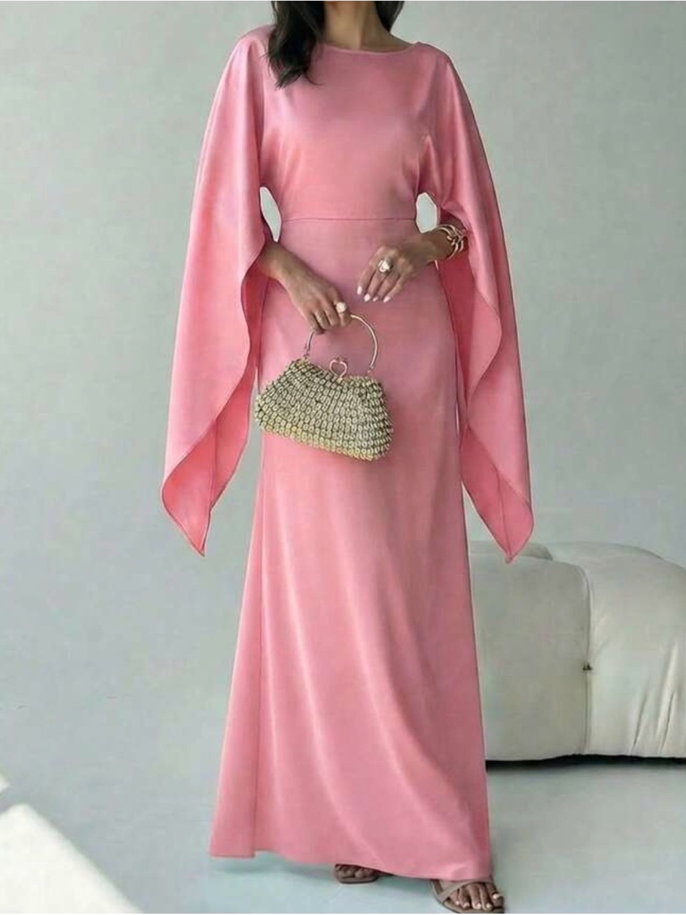 BRAND NEW Elegant Pink Cape-Sleeve Maxi Dress